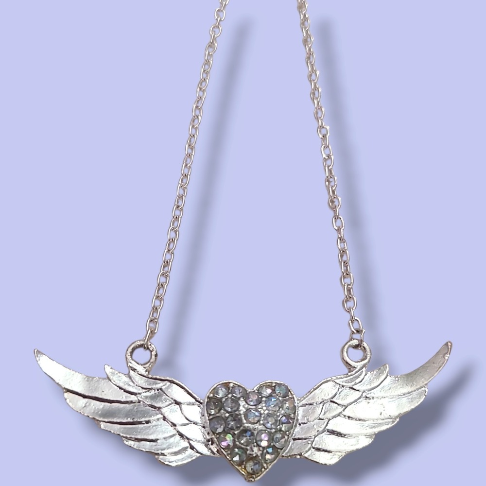 Vintage 90s Y2K Silver Tone Rhinestone Winged Heart Pendant Necklace